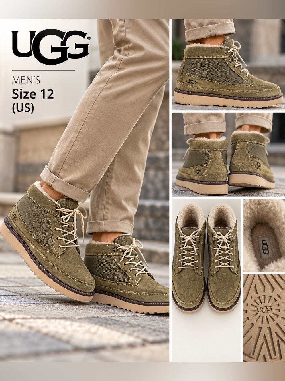 UGG Men's Olive Suede Shearling-Lined Lace-Up Boots Sz 12
